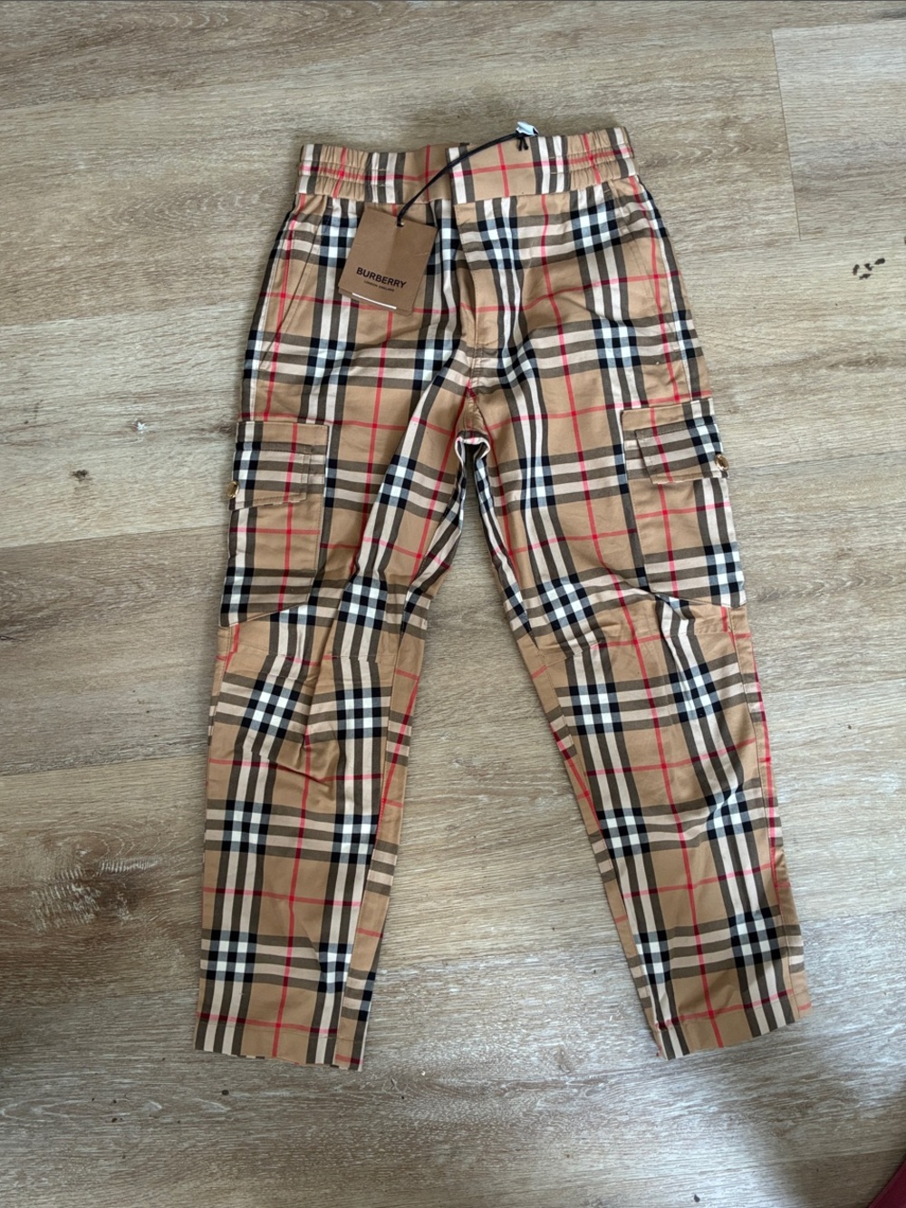 Burberry Tan Plaid Cargo Pants with Black & Red Trim